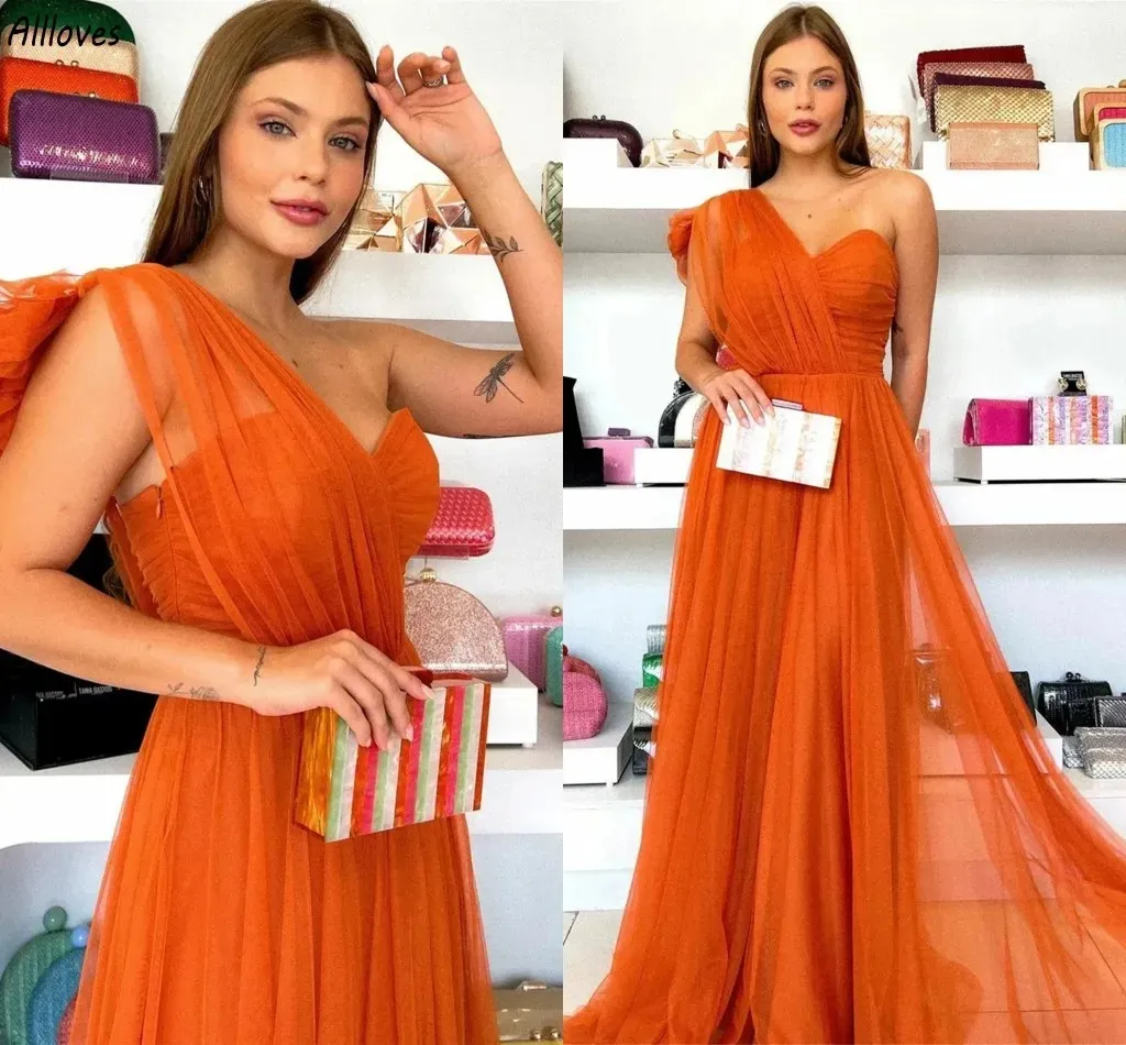 Aso Ebi Orange Tulle Robes De Bal Une Épaule Charmante Femmes Grande Taille Deuxième Réception Robes De Soirée Balayage Train Él