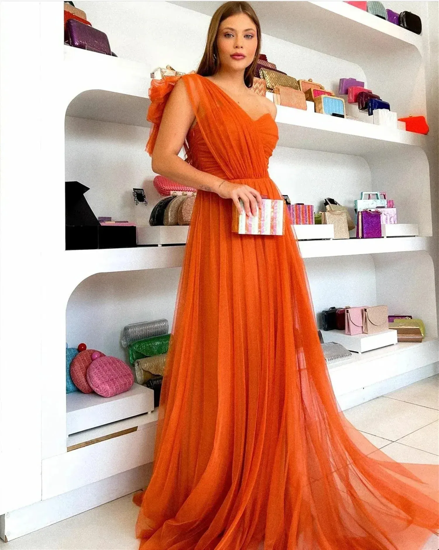 Aso Ebi Orange Tulle Robes De Bal Une Épaule Charmante Femmes Grande Taille Deuxième Réception Robes De Soirée Balayage Train Él