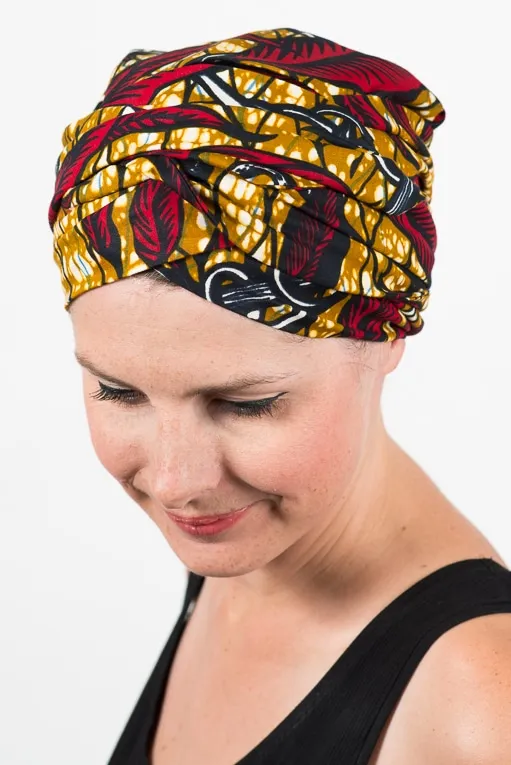 Bandeau pour chimiothérapie 100% coton en tissu africain - Wax Feuille rouge