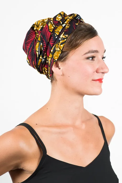 Bandeau pour chimiothérapie 100% coton en tissu africain - Wax Feuille rouge