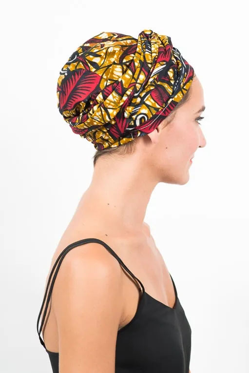 Bandeau pour chimiothérapie 100% coton en tissu africain - Wax Feuille rouge