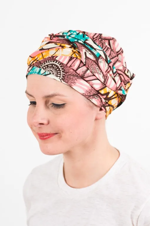 Bandeau pour chimiothérapie en tissu africain - Wax rose Saumon