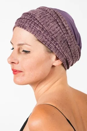 Bandeau pour chimiothérapie et pelade violet et son bonnet assorti