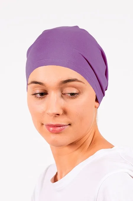 Bandeau pour chimiothérapie et pelade violet et son bonnet assorti