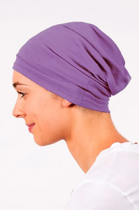 Bandeau pour chimiothérapie et pelade violet et son bonnet assorti