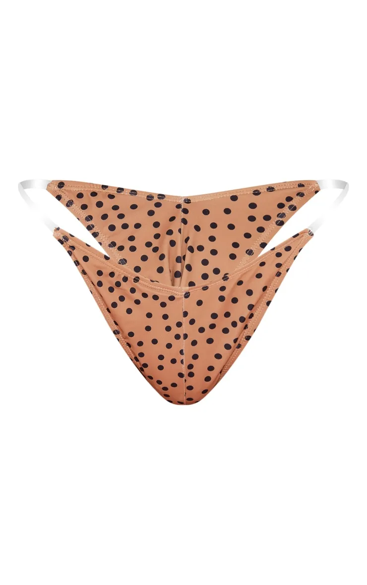 Bas de maillot de bain tanga beige à imprimé pois et lanières transparentes