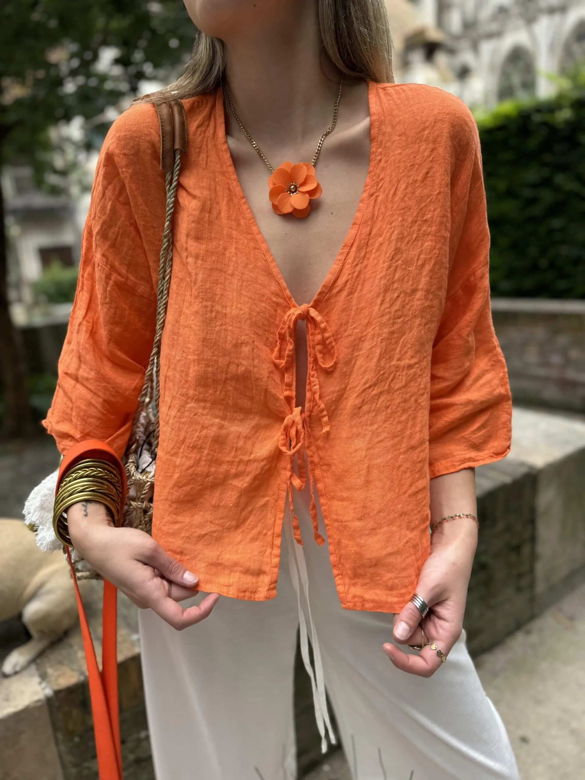 Blouse noeud en lin orange | Concept Store En Ligne | Jade & Lisa