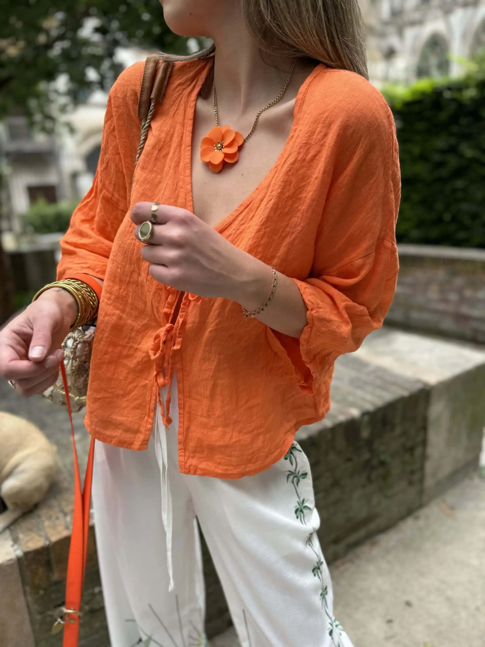 Blouse noeud en lin orange | Concept Store En Ligne | Jade & Lisa