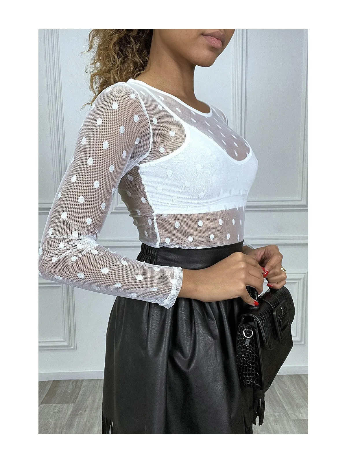 Body blanc en tulle transparent à pois