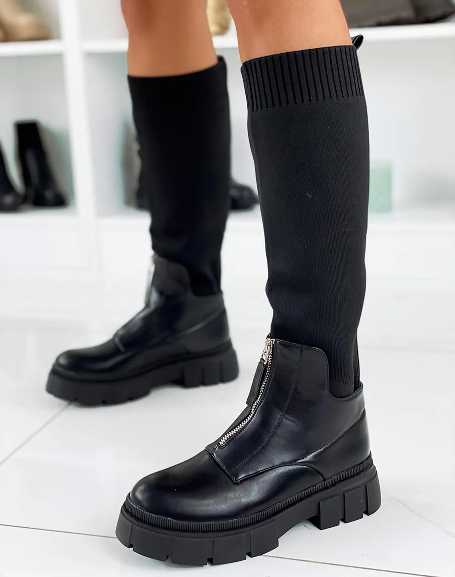 Bottes noires bi-matières effet chaussette zipées à semelle crantée