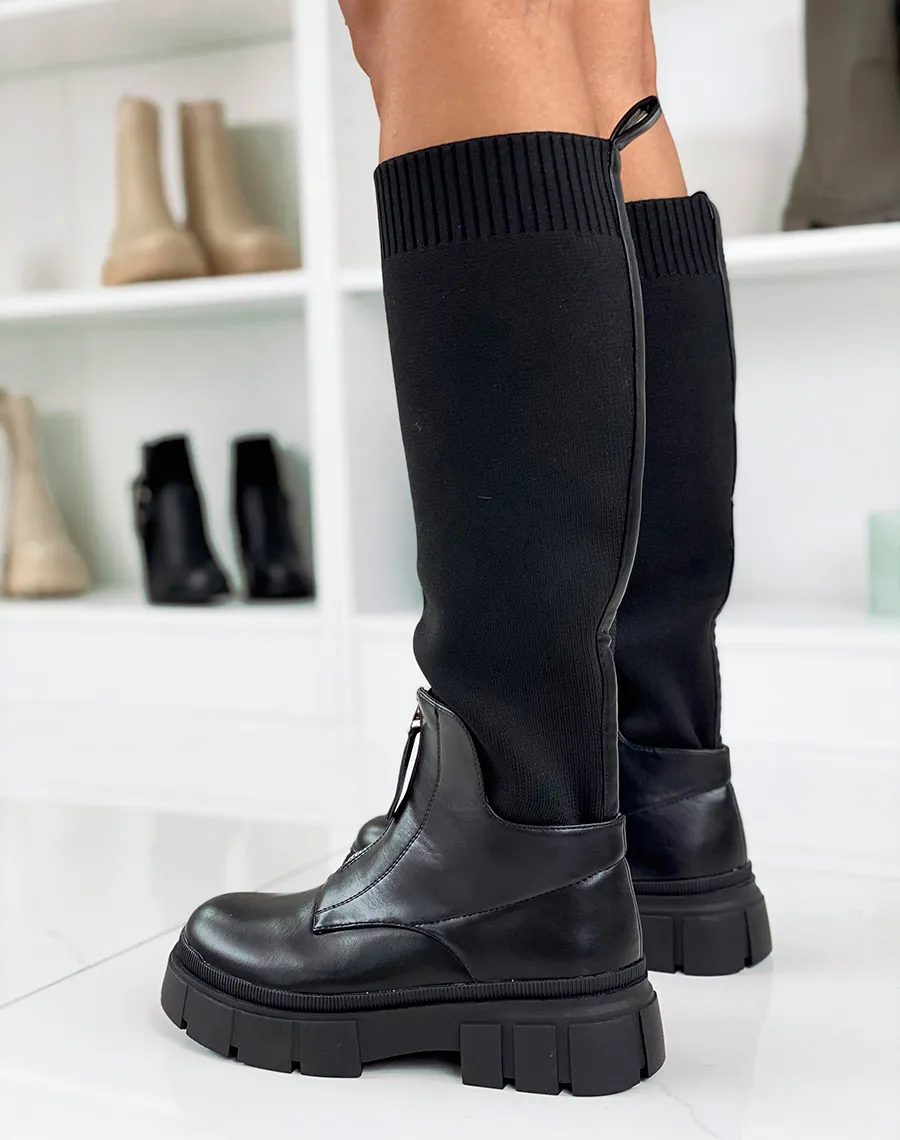 Bottes noires bi-matières effet chaussette zipées à semelle crantée