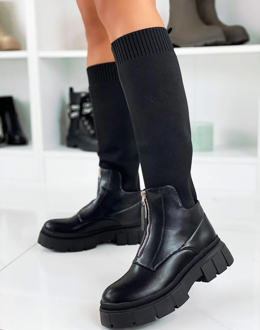 Bottes noires bi-matières effet chaussette zipées à semelle crantée