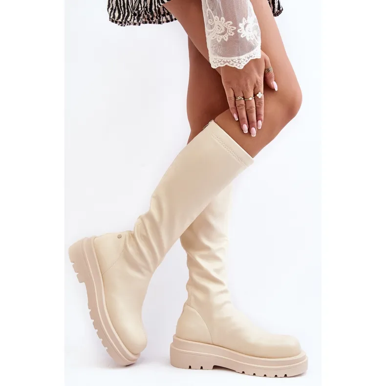 Bottes à plateforme avec fermeture éclair pour femmes GOE MM2N4067 Beige clair