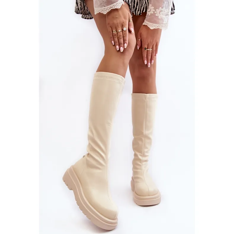 Bottes à plateforme avec fermeture éclair pour femmes GOE MM2N4067 Beige clair