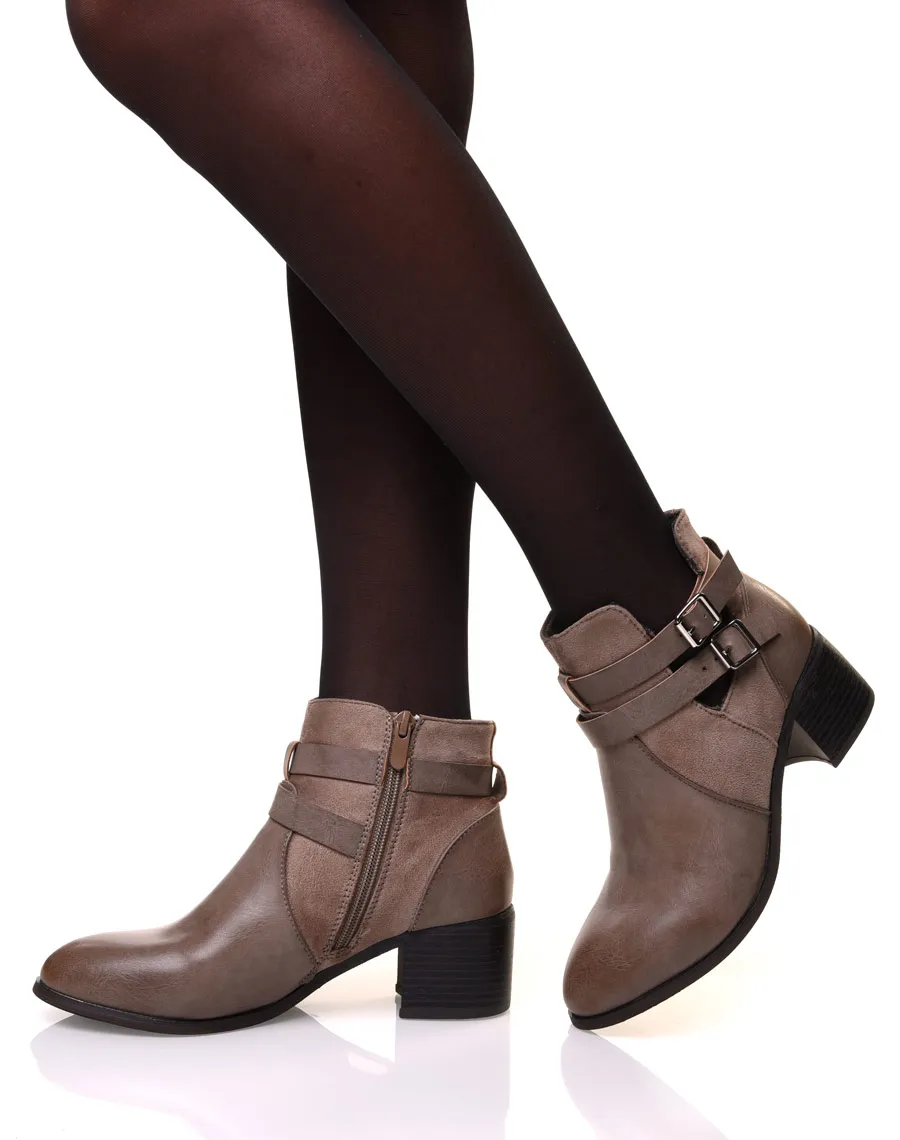 Bottines ajourées taupe à talon moyen