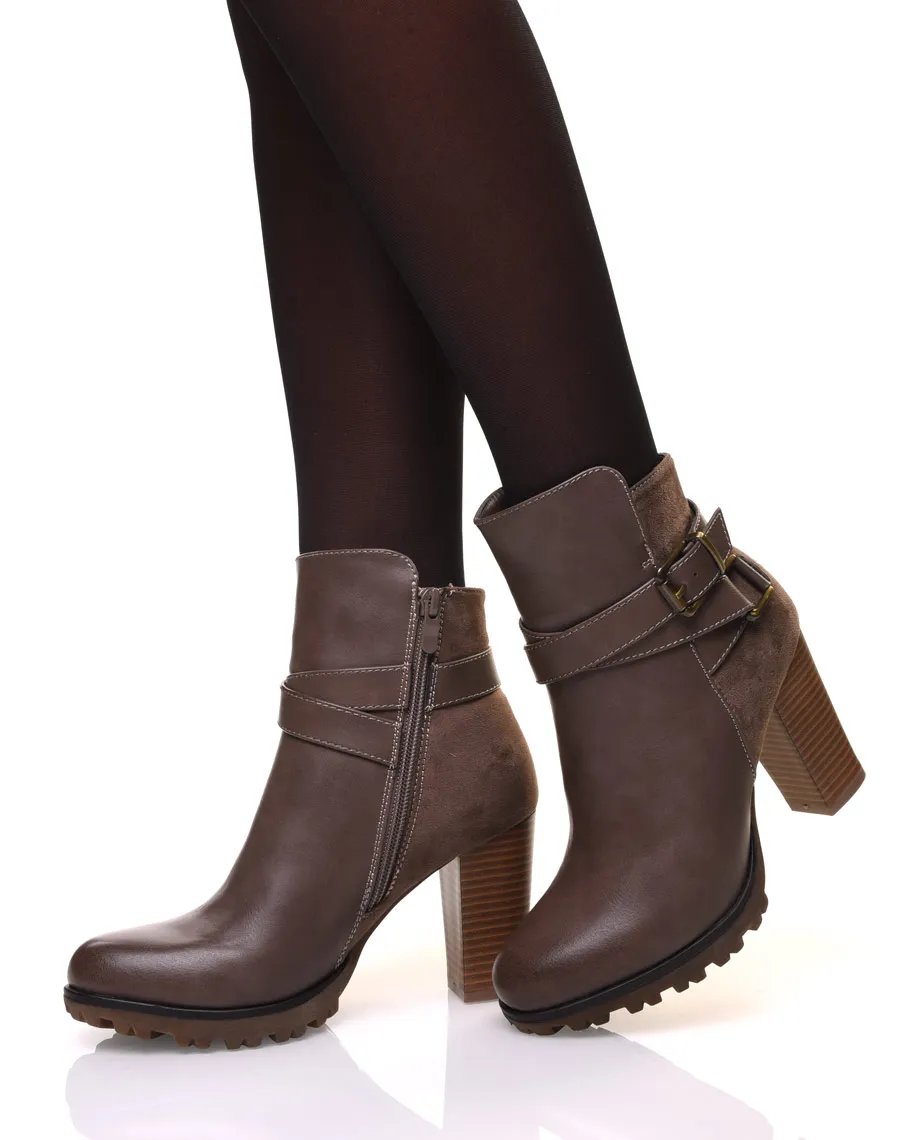 Bottines bi-matière taupe à talon haut