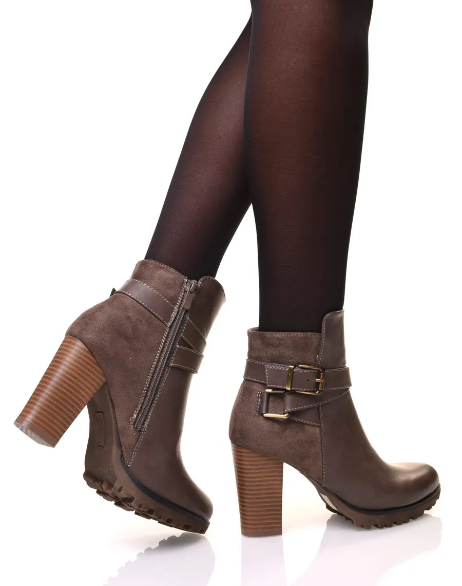 Bottines bi-matière taupe à talon haut