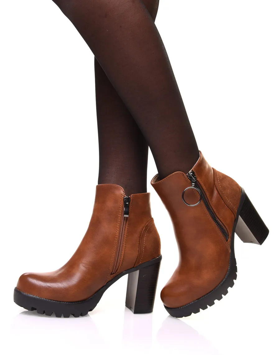 Bottines camelles à talon avec fermeture éclaire décorative