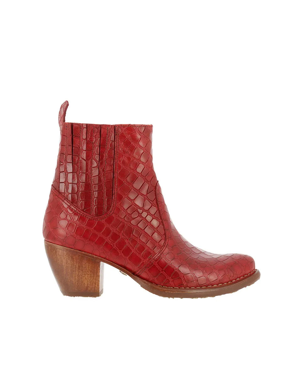 Bottines en cuir à talon bottier type santiags - Rouge