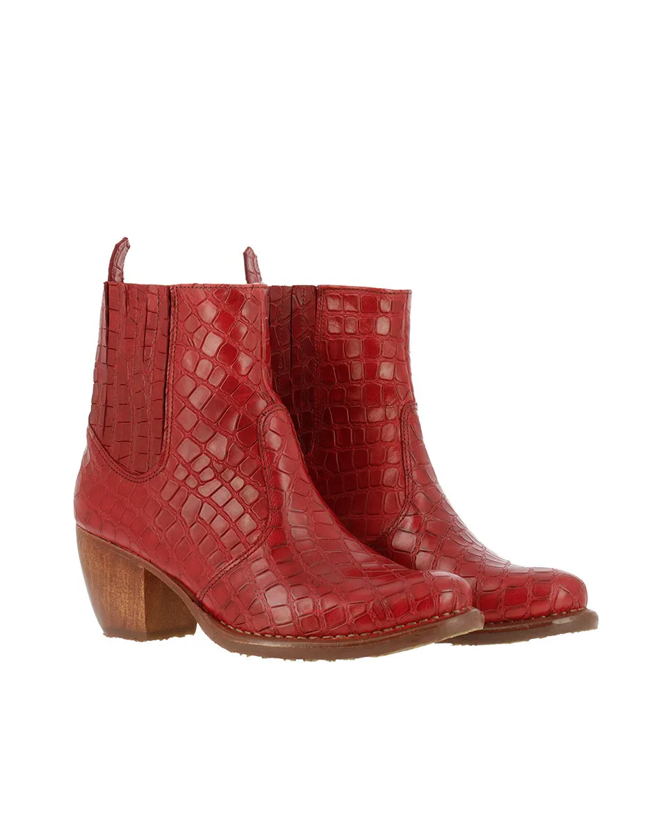 Bottines en cuir à talon bottier type santiags - Rouge