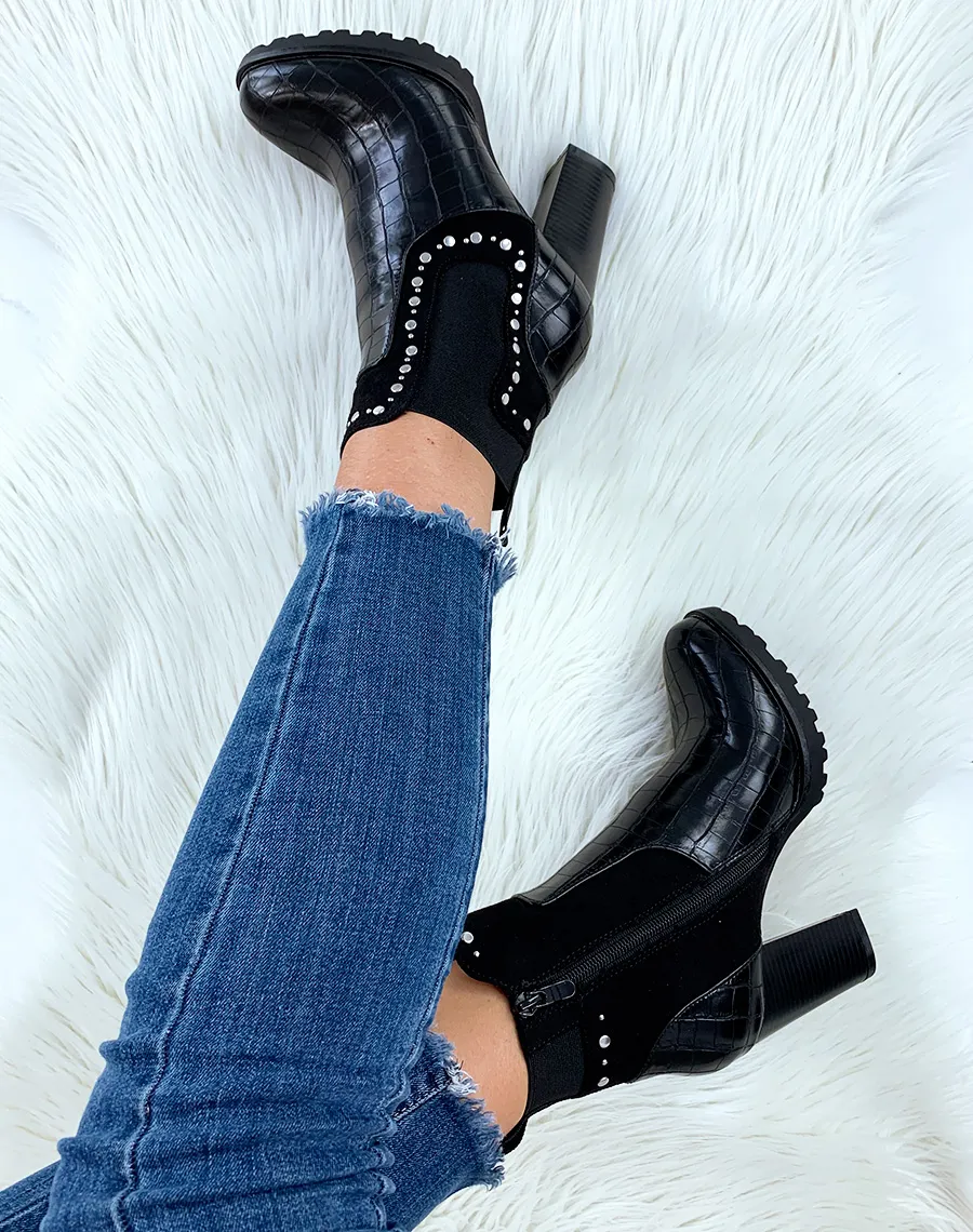 Bottines noires effet croco à clou et talon