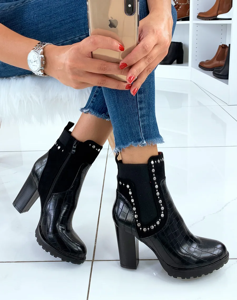 Bottines noires effet croco à clou et talon