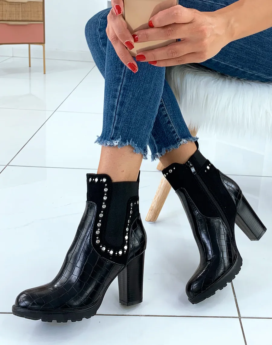 Bottines noires effet croco à clou et talon