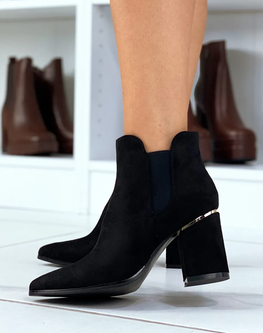 Bottines noires en suédine à élastique à talon et détail doré