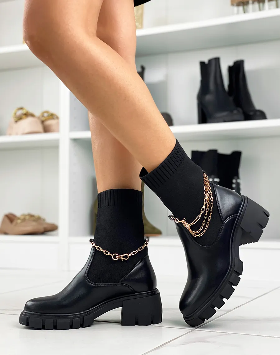 Bottines noires style chaussette à triple chaînes à talon