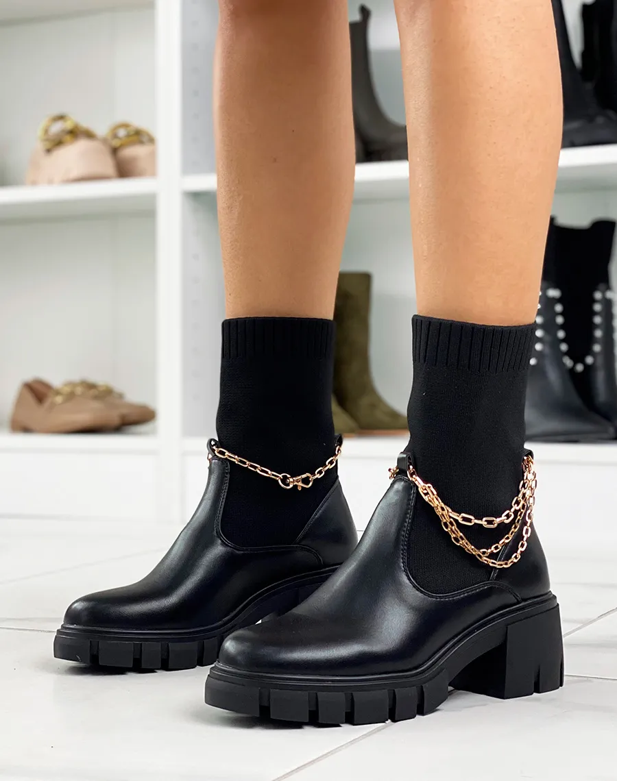 Bottines noires style chaussette à triple chaînes à talon