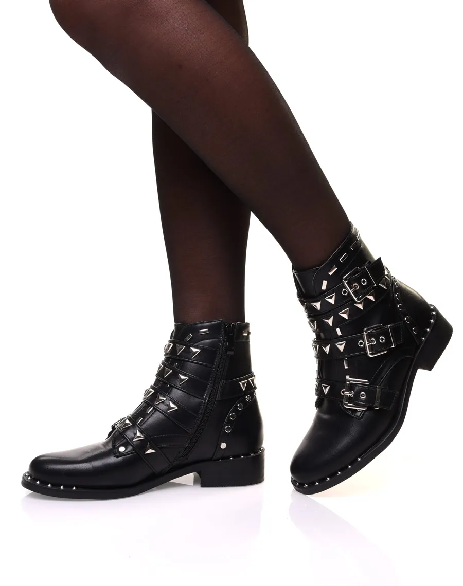 Bottines noires à lanières multiples cloutées