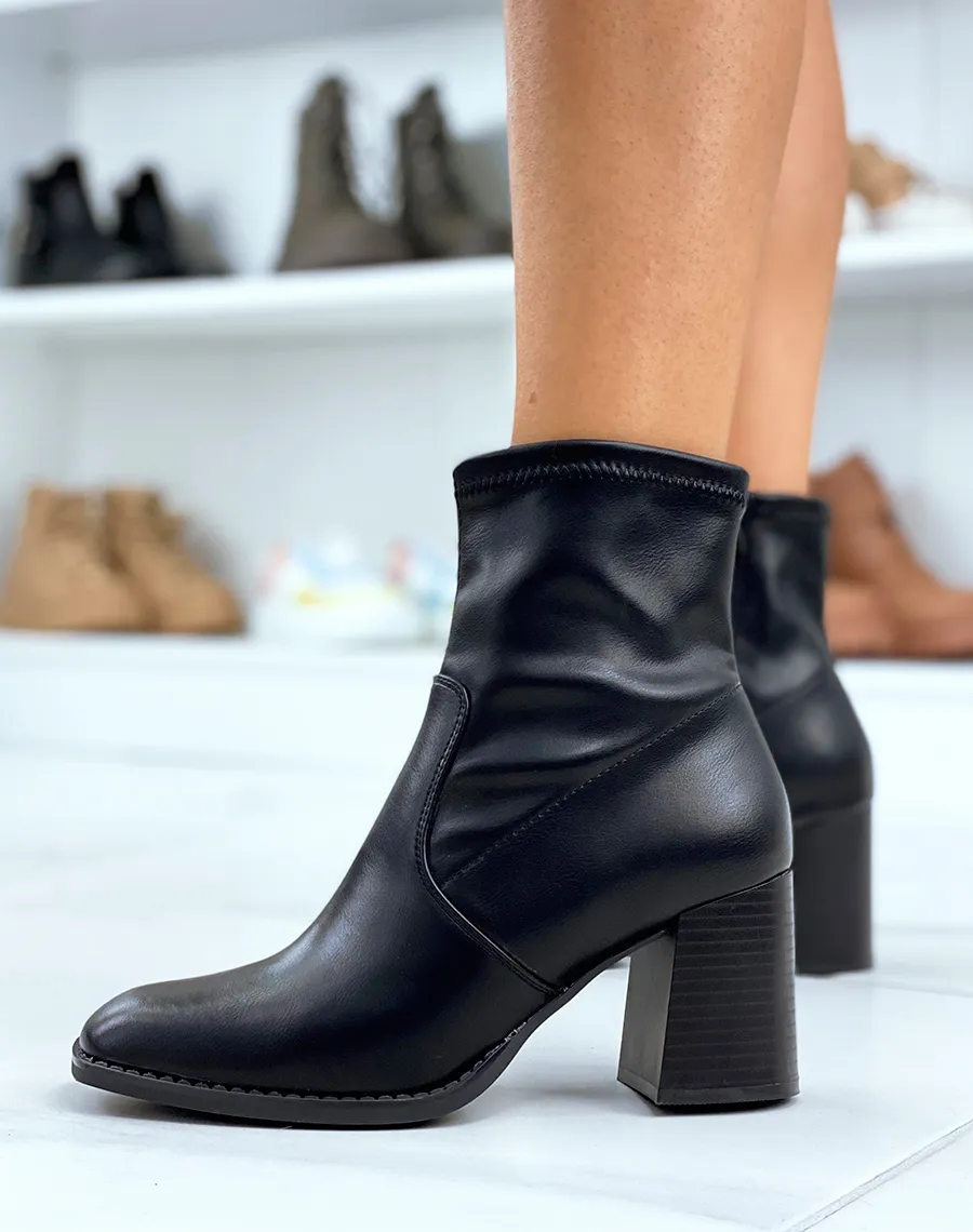 Bottines noires à talon effet chaussette en similicuir