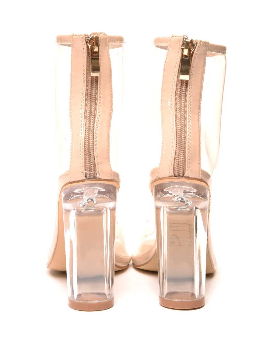 Bottines transparentes nudes à talon transparent rond