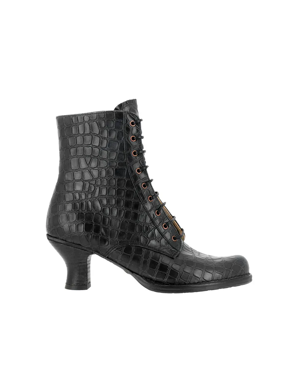 Bottines à lacets à talon bobine en cuir fantaisie - Noir