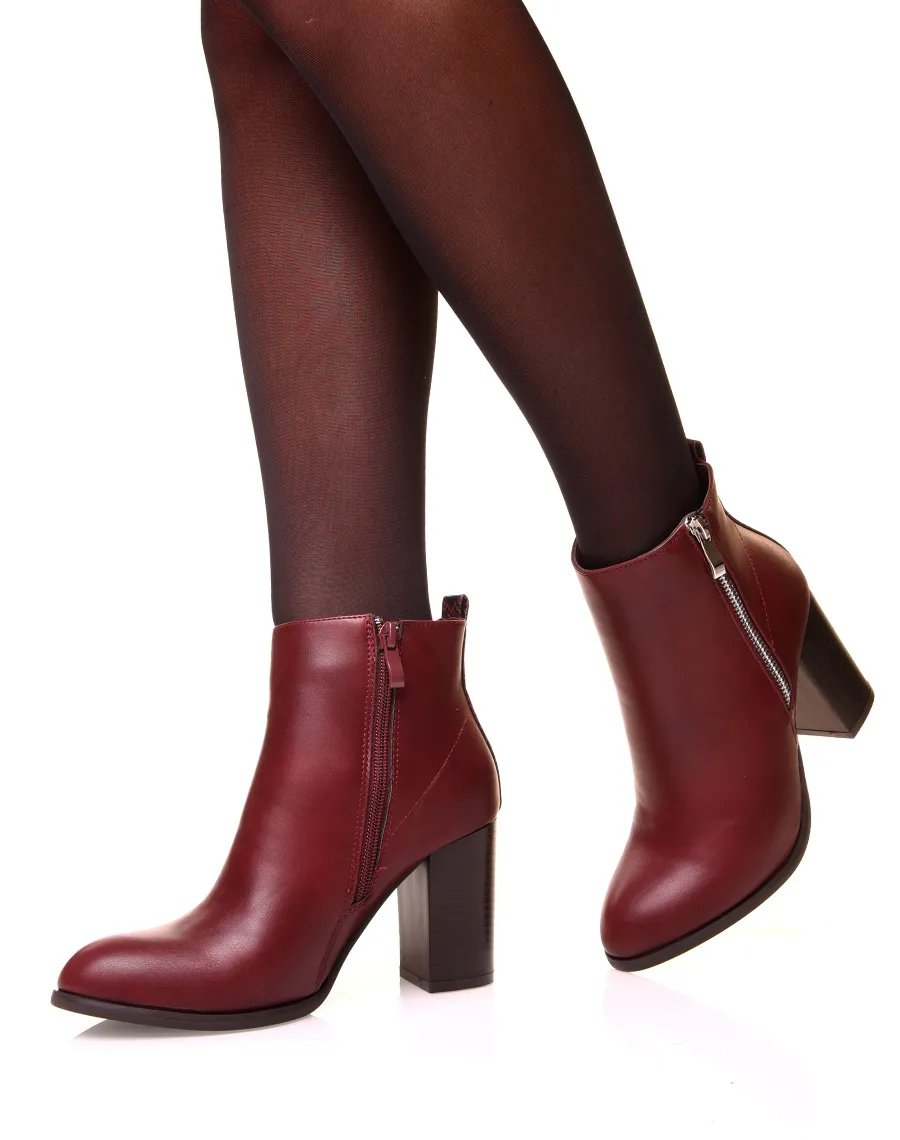 Bottines à talon bi-matière bordeaux