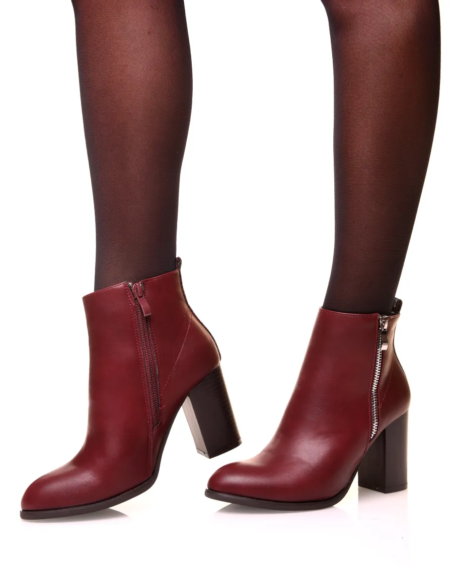 Bottines à talon bi-matière bordeaux