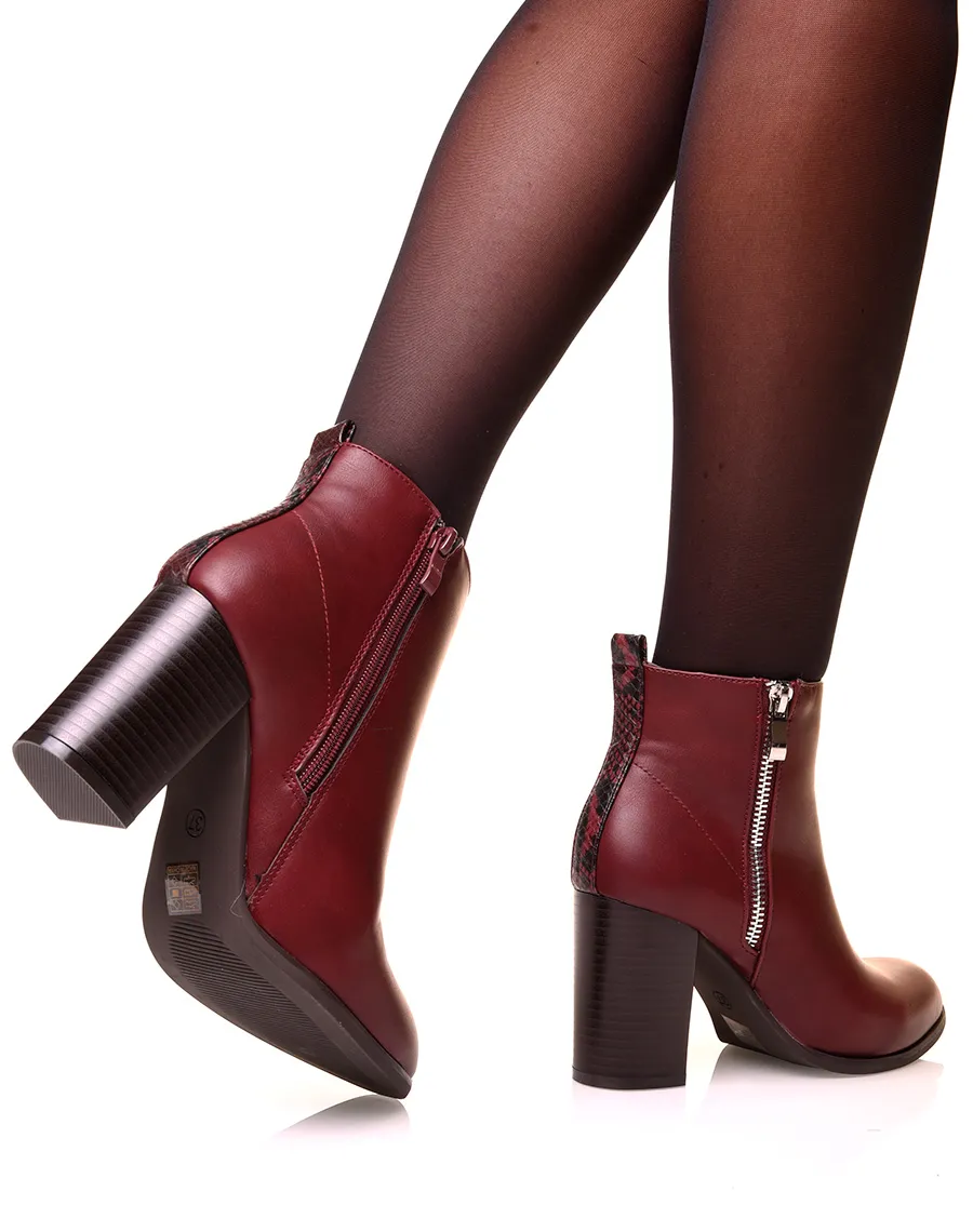 Bottines à talon bi-matière bordeaux