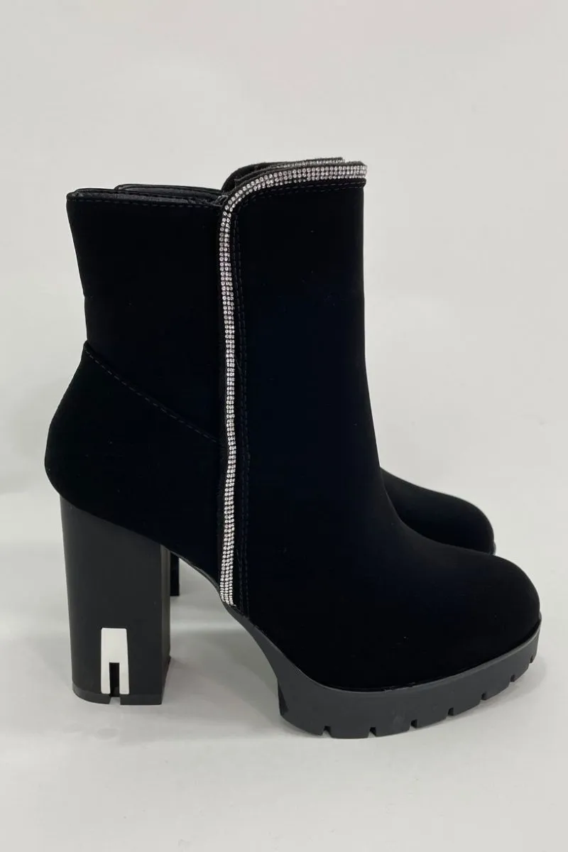 Bottines à talon détail strass effet mat noir