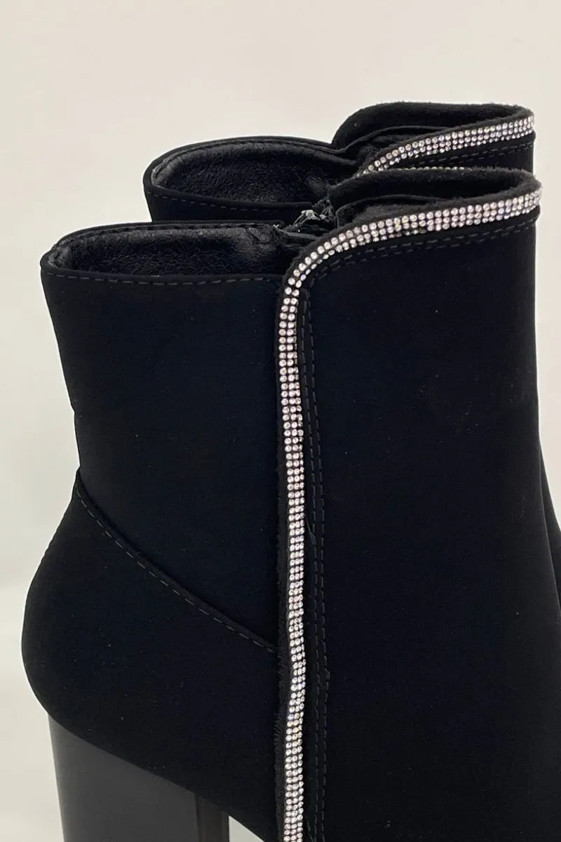 Bottines à talon détail strass effet mat noir