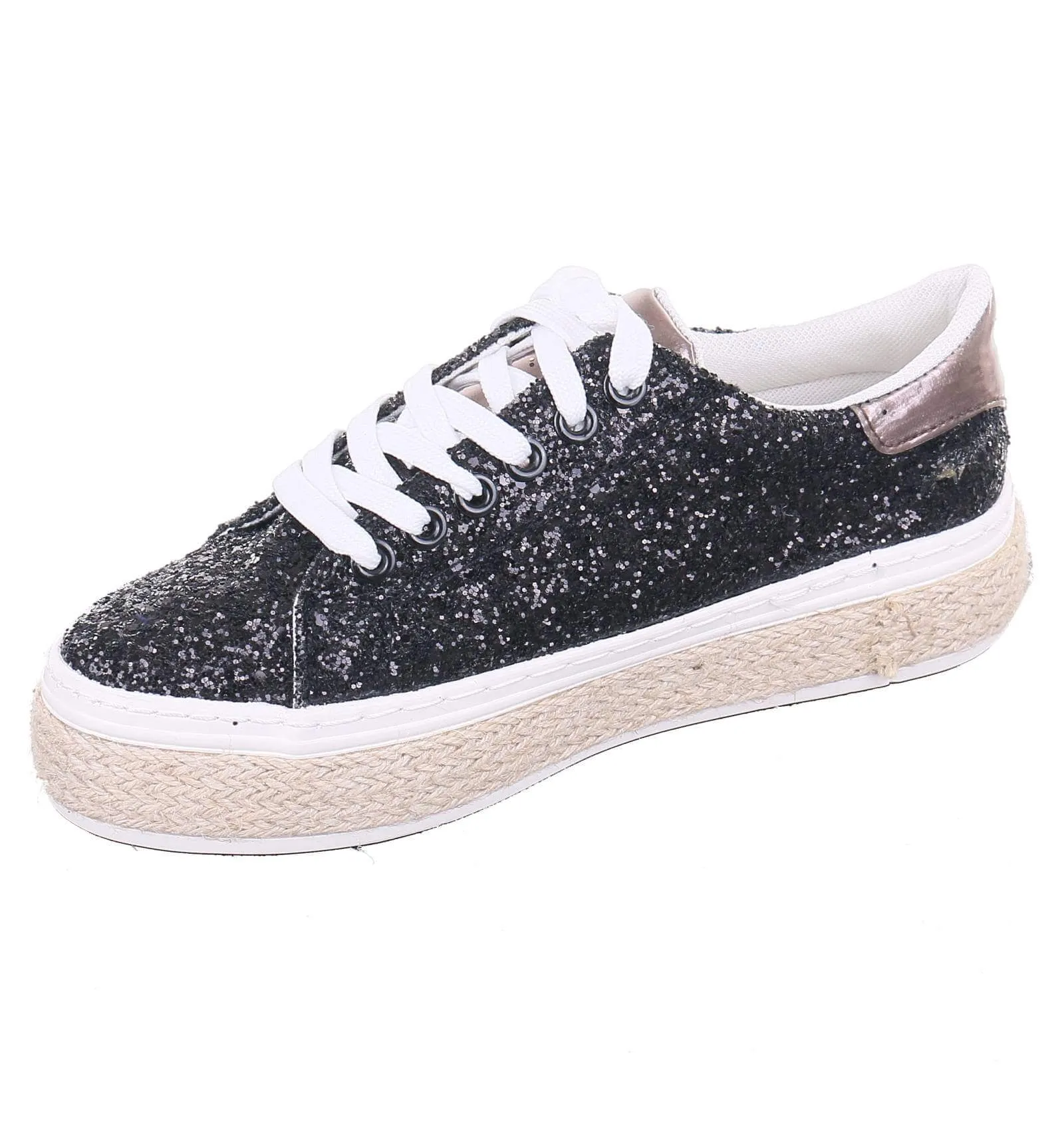 Chaussure femme compensée strass de fantaisie noir semelle corde ALIZIA