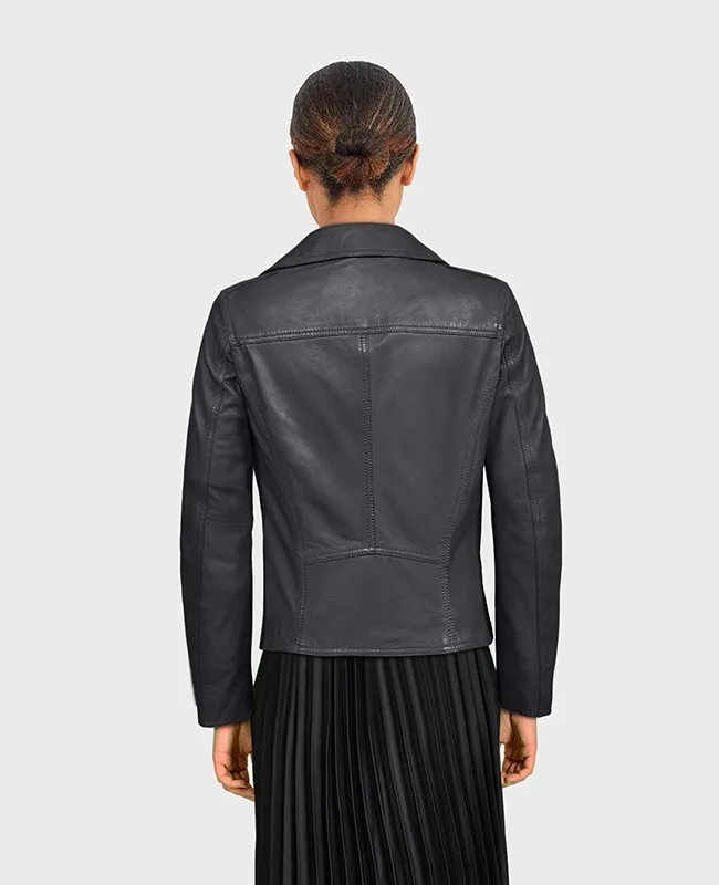 CLUB METAL  (REF. 64715) NOIR - BLOUSON ASYMETRIQUE EPURE EN CUIR VÉRITABLE