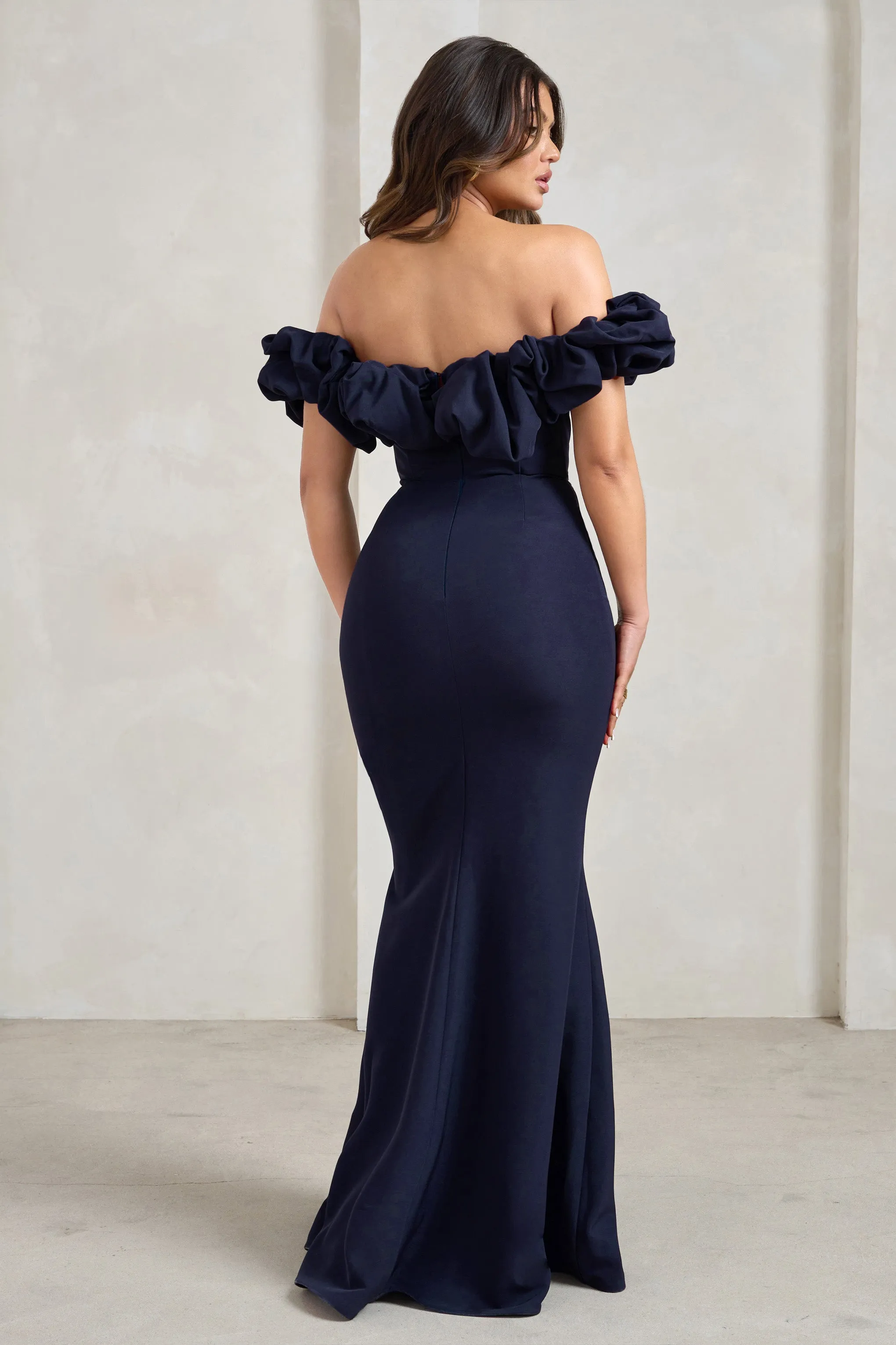 Esmeralda | Robe longue bardot structurée bleu marine