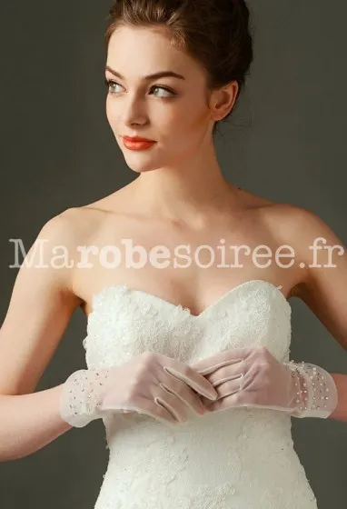 Gants de mariage transparent parsemé de perles et de strass - réf. S71