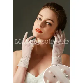 Gants de mariage transparent parsemé de perles et de strass - réf. S71