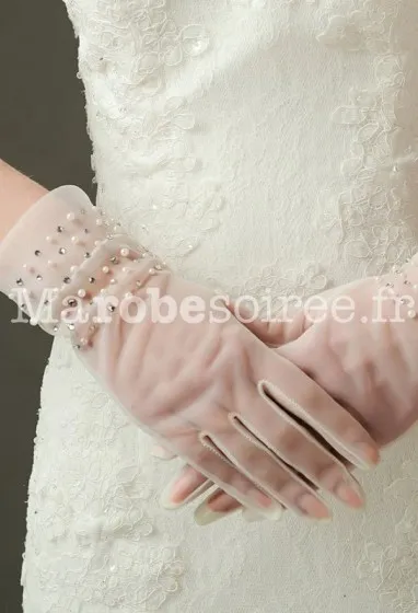 Gants de mariage transparent parsemé de perles et de strass - réf. S71