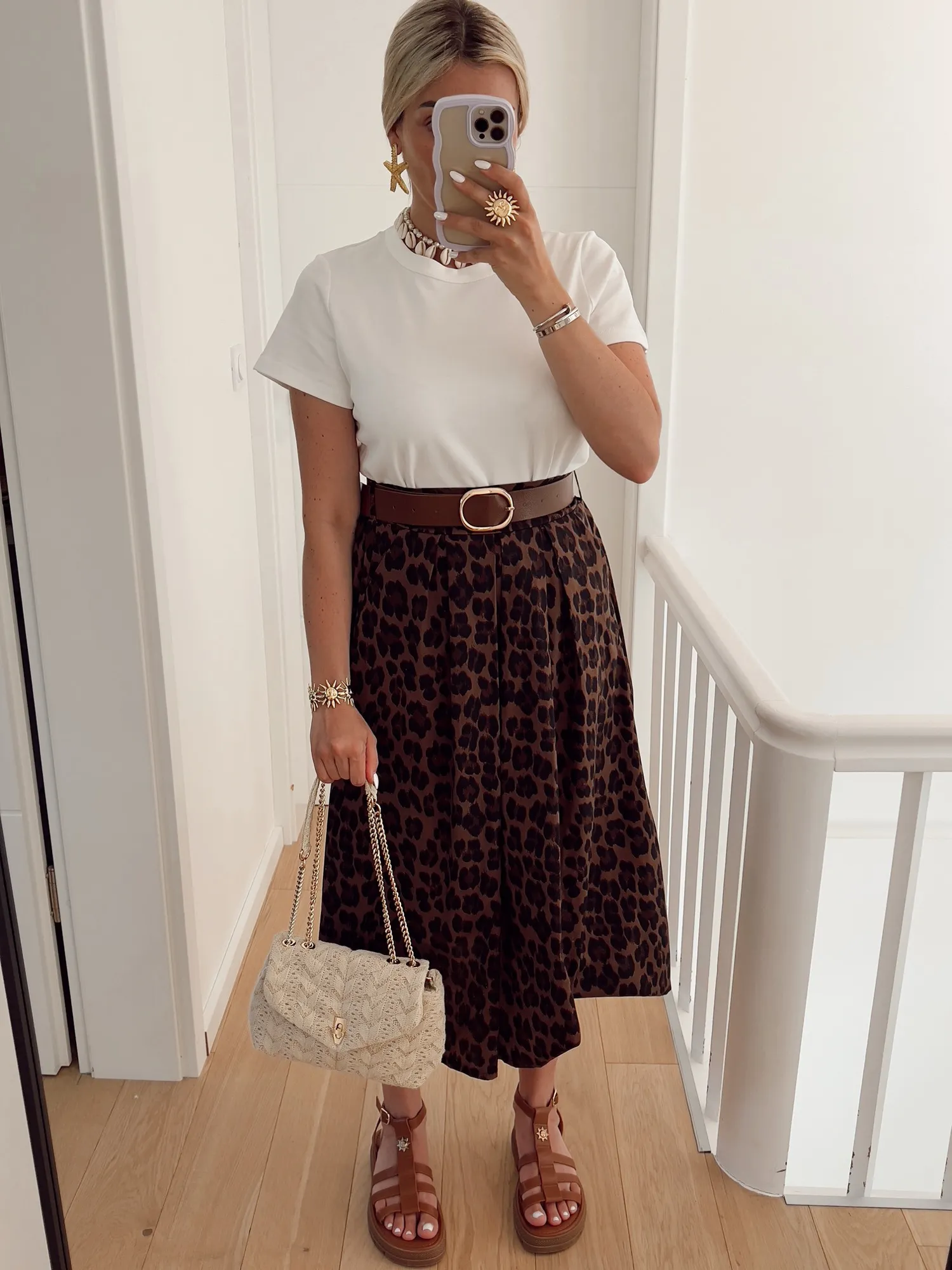 Jupe ASHER Midi à pinces avec ceinture marron, en coton léopard