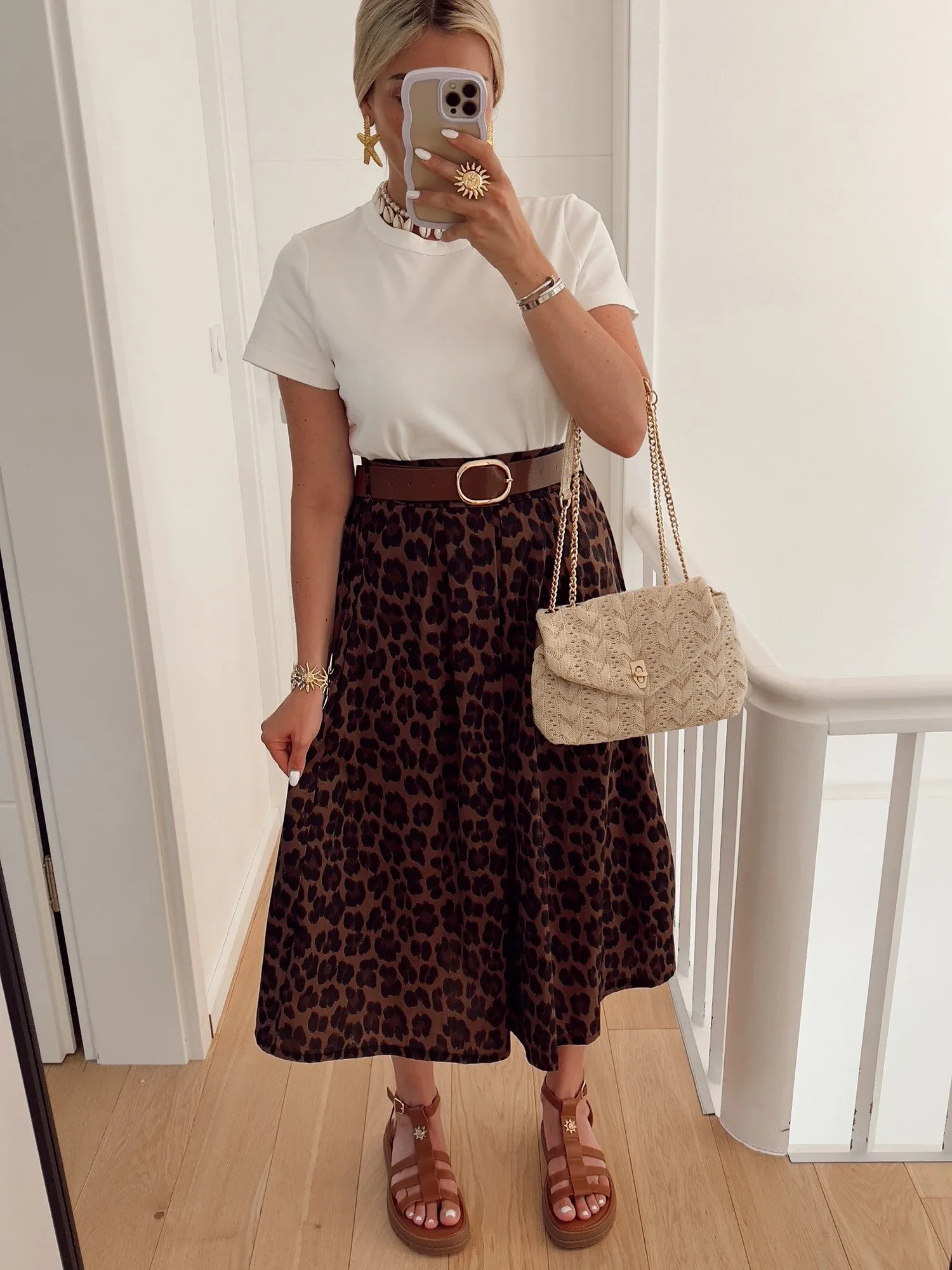 Jupe ASHER Midi à pinces avec ceinture marron, en coton léopard