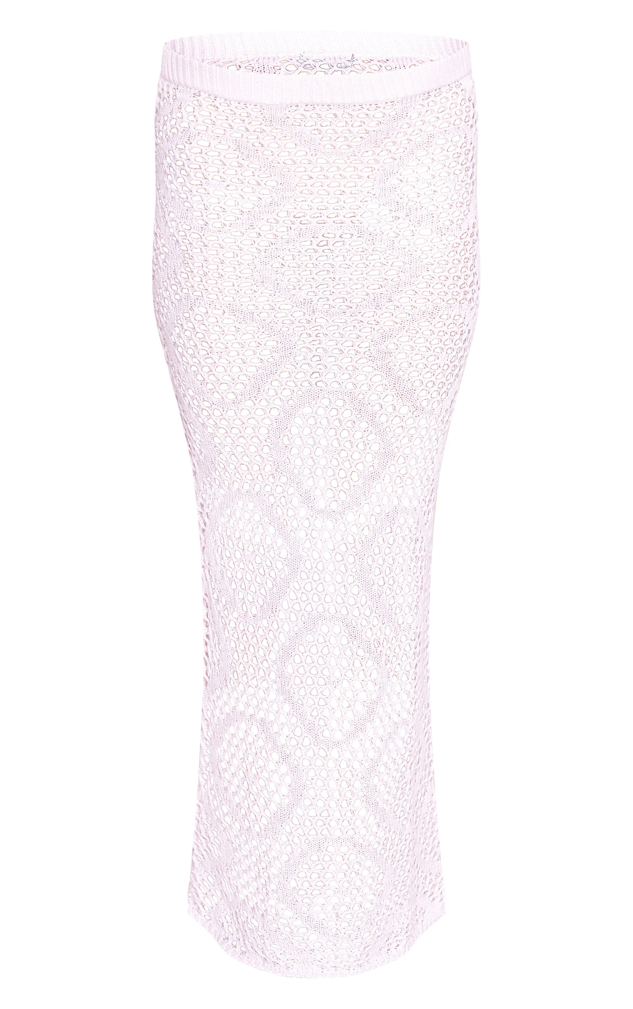 Jupe longue taille basse rose pâle en maille style crochet ajourée