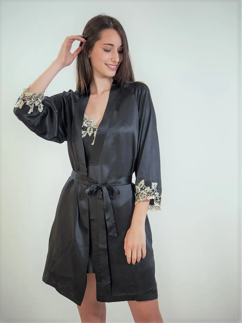 Kimono en soie et dentelle noir 19 mommes AMOUR