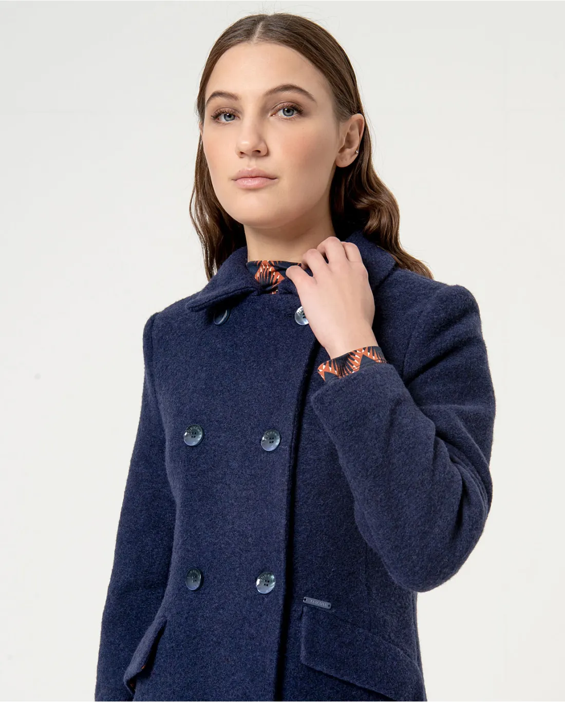 Manteau long uni à double boutonnage Bleu marine